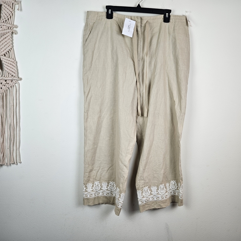 TALBOTS Linen Blend Wide Leg Cropped Pants Beige Embroidered Size 16 NWT
